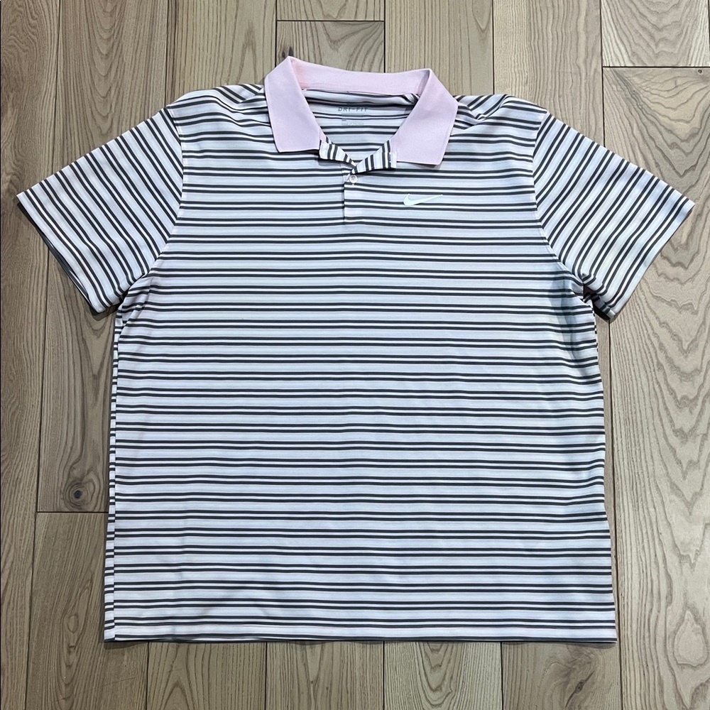 Nike Dri Fit Polo Shirt Men Pink Multi Victory Stripe Pique Knit Standard Fit